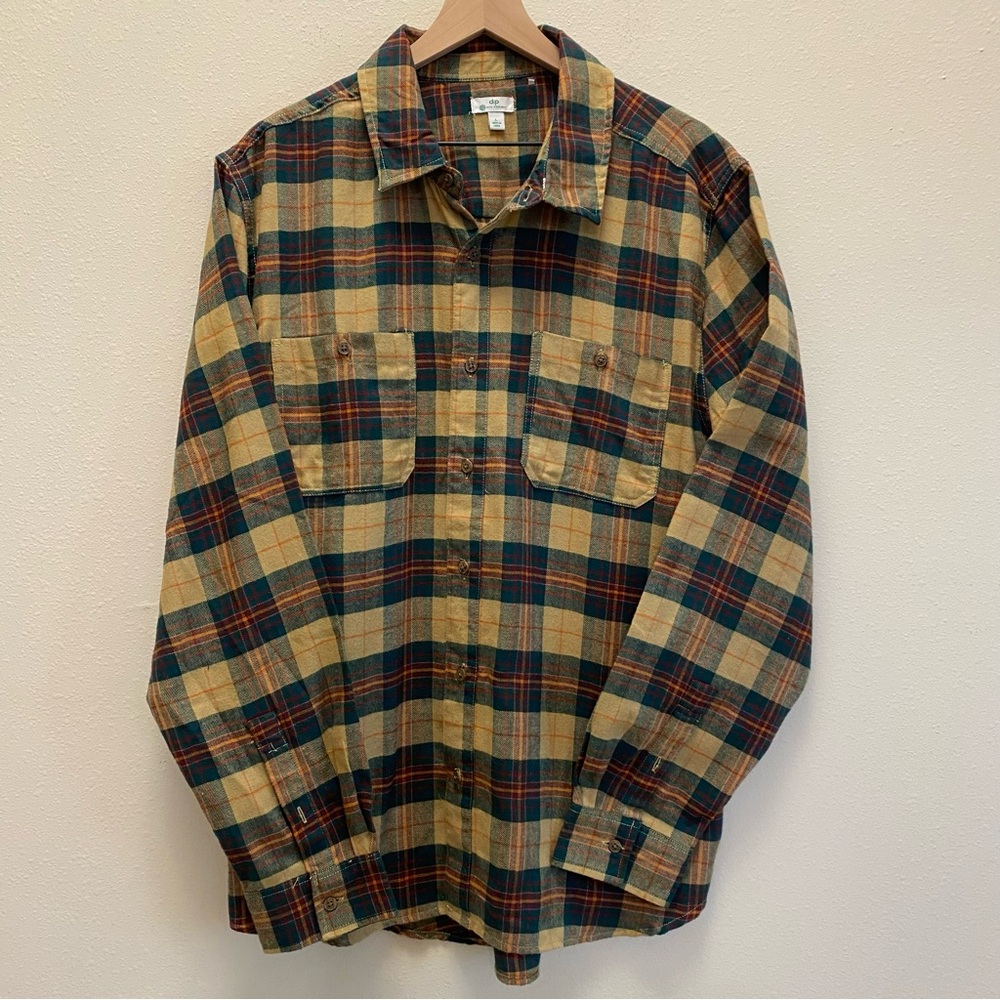 Dip Mens Plaid Cotton Blend Long Sleeve Button Up Large Beige Teal Orange